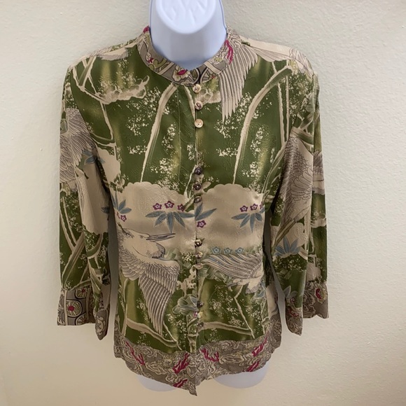 Citron Silk Green Tan Button Down Shirt S - Picture 1 of 7